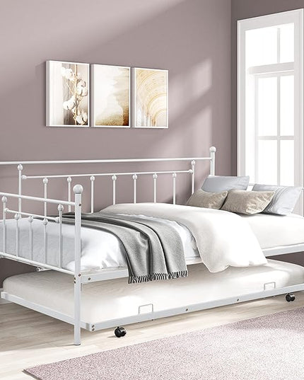 Twin Size Metal-Daybed with Trundle,Heavy-Duty Sturdy Metal,Noise Reduced,Trundle-Bed for Flexible Space,Vintage Style,No Box Spring Needed,for Kids Boys Girls Teens,Light Grey - LeafyLoom