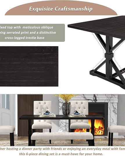 Kitchen 6-Piece Farmhouse Dining Set 72" Wood Rectangular Table, 4 Upholstered Chairs with Bench, Espresso - LeafyLoom