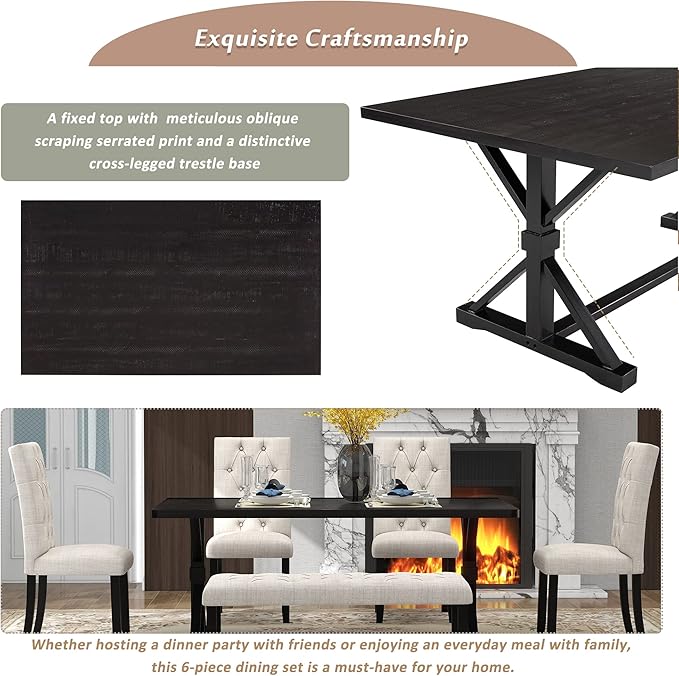 Kitchen 6-Piece Farmhouse Dining Set 72" Wood Rectangular Table, 4 Upholstered Chairs with Bench, Espresso - LeafyLoom