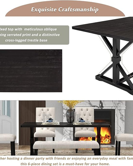 Wood Rectangular Dining Set for 6, includes 1 Table with Cross-Legged Trestle Base, 4 Upholstered High Back Chairs & 1 Bench, Farmhouse Style, Espresso, 72" L x 42" W x 30" H - LeafyLoom