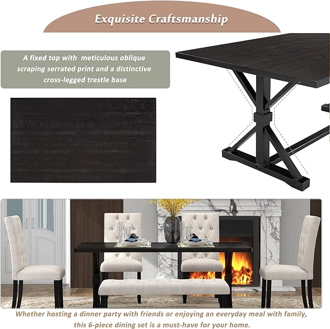 Wood Rectangular Dining Set for 6, includes 1 Table with Cross-Legged Trestle Base, 4 Upholstered High Back Chairs & 1 Bench, Farmhouse Style, Espresso, 72" L x 42" W x 30" H - LeafyLoom