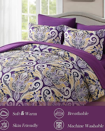 Yiran Purple Paisley Comforter Set Queen 7 Pieces Bed in a Bag Boho Comforter Lightweight Microfiber Reversible Bedding Set (1 Comforter, 1 Flat Sheet, 1 Fitted Sheet, 2 Pillowcases, 2 Pillow Shams) - LeafyLoom