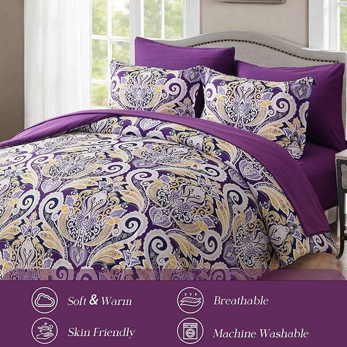 Yiran Purple Paisley Comforter Set Queen 7 Pieces Bed in a Bag Boho Comforter Lightweight Microfiber Reversible Bedding Set (1 Comforter, 1 Flat Sheet, 1 Fitted Sheet, 2 Pillowcases, 2 Pillow Shams) - LeafyLoom