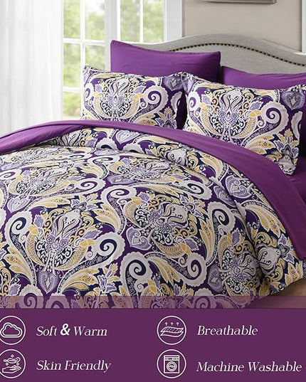 Yiran Purple Paisley Comforter Set King 7 Pieces Bed in a Bag Boho Comforter Lightweight Microfiber Reversible Bedding Set (1 Comforter, 1 Flat Sheet, 1 Fitted Sheet, 2 Pillowcases, 2 Pillow Shams) - LeafyLoom