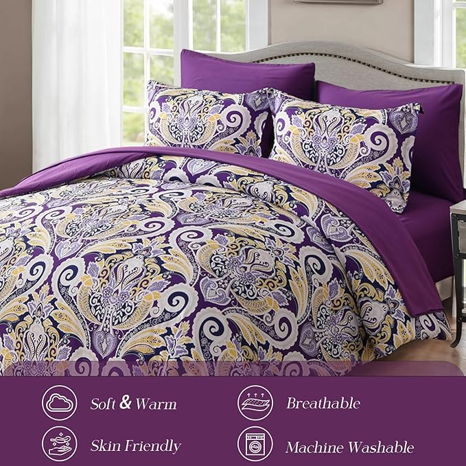 Yiran Purple Paisley Comforter Set King 7 Pieces Bed in a Bag Boho Comforter Lightweight Microfiber Reversible Bedding Set (1 Comforter, 1 Flat Sheet, 1 Fitted Sheet, 2 Pillowcases, 2 Pillow Shams) - LeafyLoom