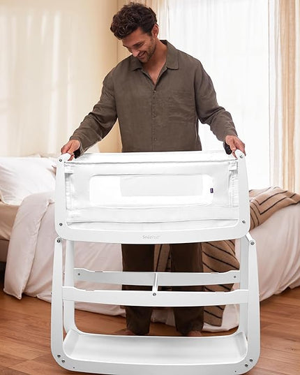 SnuzPod4, Bassinet Bedside Sleeper - Comfortable Baby Crib and Bed, 3D Breathable Mattress, Fits Bed with Adjustable Max. Height of 28.5”, Machine Washable Mesh Liner (White) - LeafyLoom