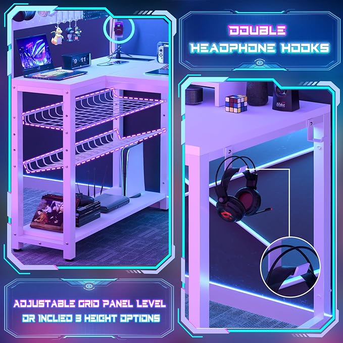 Homieasy Small Gaming Desk with Power Outlets Pegboard LED Light, 43 Inch L Shaped Computer Desk with Monitor Stand Storage Shelves, Reversible Corner Desk with Headset Hooks, White - LeafyLoom