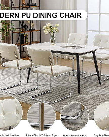 Forevich Mid Century Modern Dining Chairs Set of 2, Leather Kitchen Dining Room Side Chairs Upholstered Armless Accent Chairs with Metal Chrome Legs for Living Room, Bedroom White - LeafyLoom