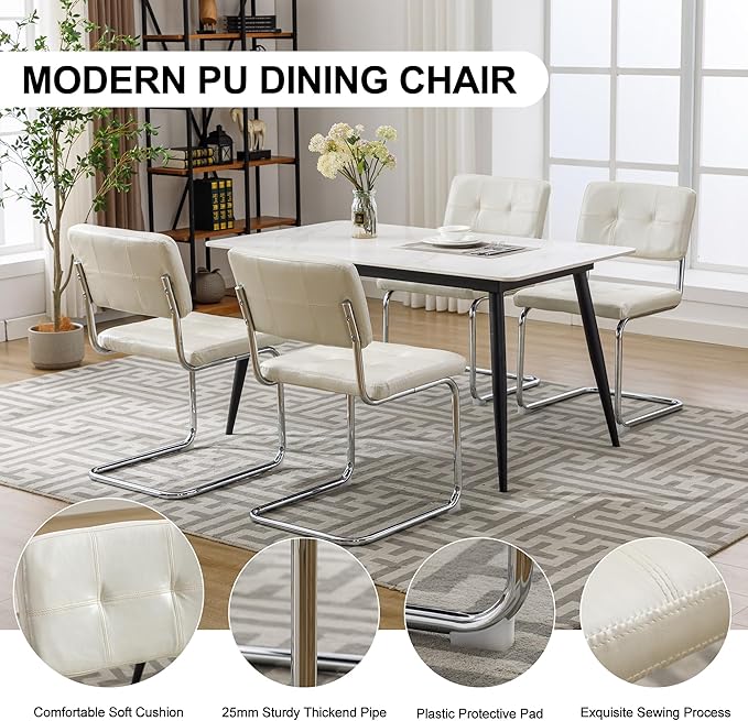 Forevich Mid Century Modern Dining Chairs Set of 2, Leather Kitchen Dining Room Side Chairs Upholstered Armless Accent Chairs with Metal Chrome Legs for Living Room, Bedroom White - LeafyLoom