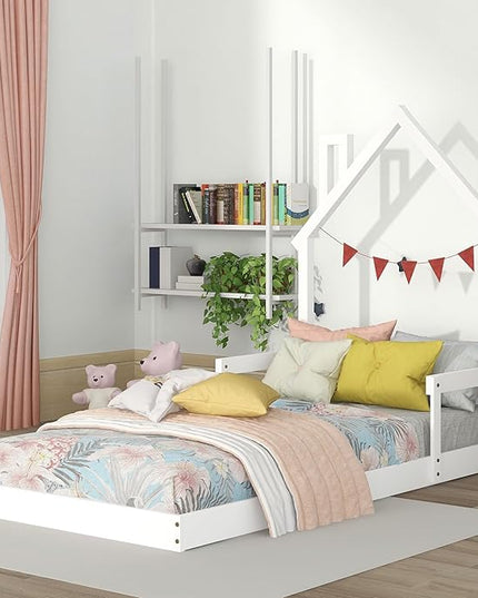 Bellemave Twin Size House-Shaped Headboard Floor Bed for Kids,Montessori Floor Bed with Handrails and Slats,Wood House Bed Twin for Girls,Boys(Twin,White) - LeafyLoom