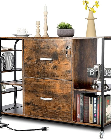 Lateral File Cabinet, 2 Drawer Mobile Filing Cabinet with Outlet, Open Storage Side Shelves, Locking Drawer Fits A4/Letter/Legal Size File Cabinets for Home Office, Brown - LeafyLoom