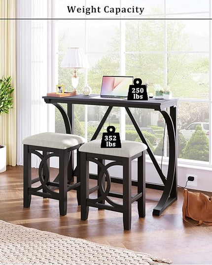 Farmhouse Style Counter Height 2 Upholstered Stools, Rustic Bar Built-in USB, Easy Assembly & Care, Room, Small Place, Apartment, 3 Piece Dining Table Set, Espresso 34 - LeafyLoom