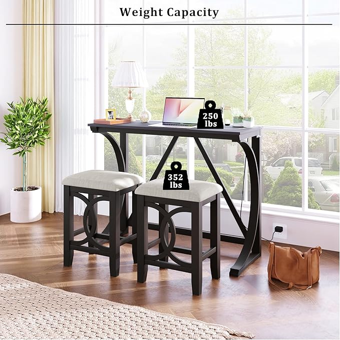 Farmhouse Style Counter Height 2 Upholstered Stools, Rustic Bar Built-in USB, Easy Assembly & Care, Room, Small Place, Apartment, 3 Piece Dining Table Set, Espresso 34 - LeafyLoom