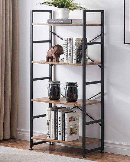 Industrial 4 Tier Bookshelf, Wood Etagere Bookshelves and Bookcase with Metal Frame, Rustic Standing Unit Shelf Display Rack for Living Room/Home Office, Vintage Brown - LeafyLoom