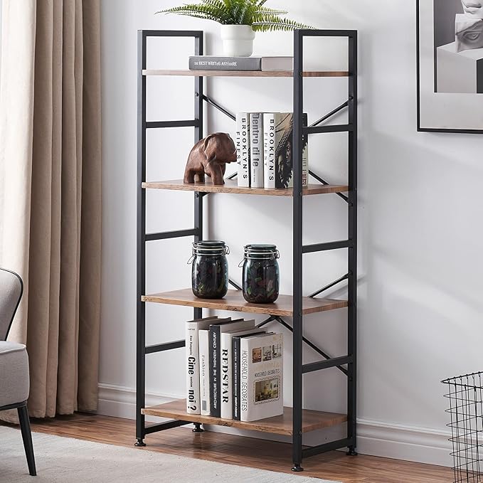 Industrial 4 Tier Bookshelf, Wood Etagere Bookshelves and Bookcase with Metal Frame, Rustic Standing Unit Shelf Display Rack for Living Room/Home Office, Vintage Brown - LeafyLoom