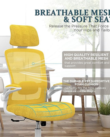 Mimoglad Office Chair, High Back Ergonomic Desk Chair with Adjustable Lumbar Support and Headrest, Swivel Task Chair with flip-up Armrests for Guitar Playing, 5 Years Warranty (Classic, Yellow) - LeafyLoom