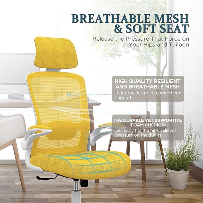 Mimoglad Office Chair, High Back Ergonomic Desk Chair with Adjustable Lumbar Support and Headrest, Swivel Task Chair with flip-up Armrests for Guitar Playing, 5 Years Warranty (Classic, Yellow) - LeafyLoom