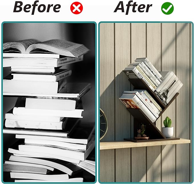 3 Tier Small Tree Bookshelf Desk Book Organizer Narrow Bookcases for Books Magazines CDs Free Standing Retro Wooden Storage Shelves for Home Office Bedroom Living Room Dark Walnut - LeafyLoom