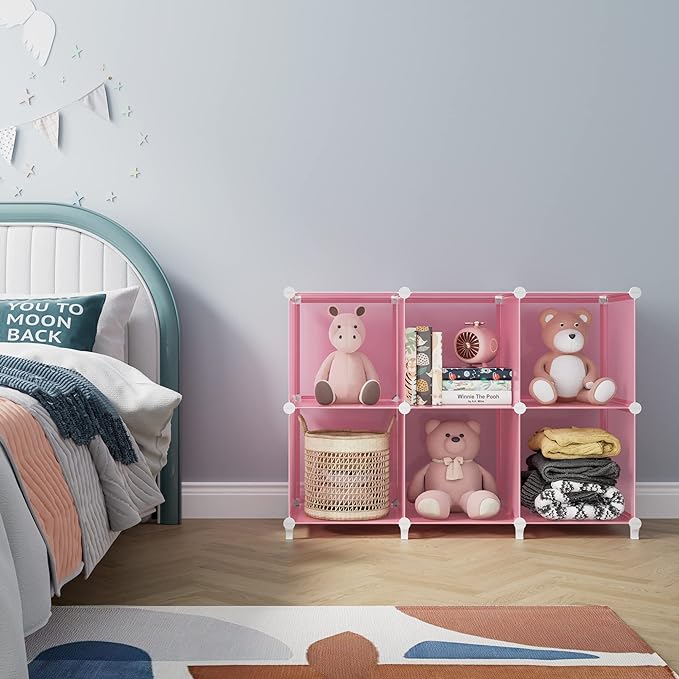 HOMIDEC 6-Cube Storage Shelf, Storage Bookcase Bookshelf with Metal Hammer, Storage Cubes Organizer Cabinet for Kids, Closet, Bedroom, Bathroom, (11.8x11.8x11.8 inch), Light Pink - LeafyLoom