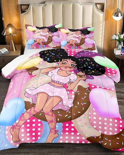 African American Girl Comforter Set Black Girl Comforter Set Princess Bedding with Donut Girl Prints Kids Comforter Sets Gifts for Girls Bedroom Decor Pink Full Size Quilt Sets with 2 Pillowcases - LeafyLoom