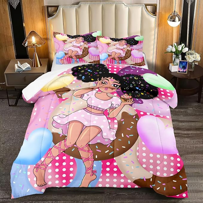 African American Girl Comforter Set Black Girl Comforter Set Princess Bedding with Donut Girl Prints Kids Comforter Sets Gifts for Girls Bedroom Decor Pink Full Size Quilt Sets with 2 Pillowcases - LeafyLoom