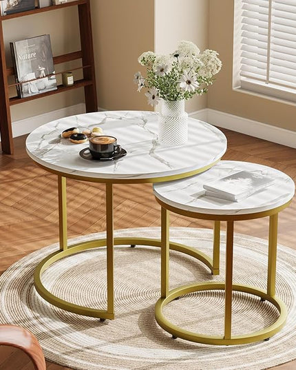 White Nesting Coffee Table Set of 2, 23.6“ Round Coffee Table Wooden Marble Pattern with Adjustable Non-Slip Feet, Industrial End Table for Living Room Bedroom Balcony Gold - LeafyLoom