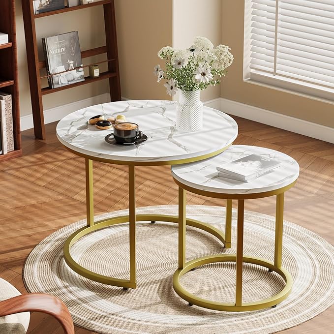 White Nesting Coffee Table Set of 2, 23.6“ Round Coffee Table Wooden Marble Pattern with Adjustable Non-Slip Feet, Industrial End Table for Living Room Bedroom Balcony Gold - LeafyLoom