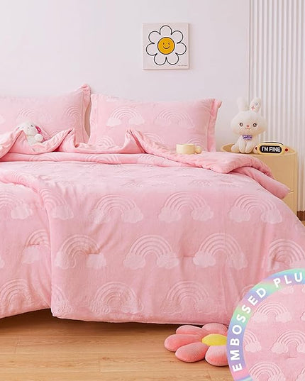 Mooreeke Twin Kids Comforter Bed Set, Embossed Plush Fleece Soft & Warm 2 Piece Bed in A Bag with Shams, Velour Velvet Pink Rainbow Girls Kids Bedding Set, Fluffy Fuzzy Polar Cozy and Stylish - LeafyLoom