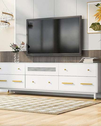 Modern Stand 75+ Inch, Entertainment Center Televisions Media Table with Open Shelf, 5 Drawers with Large Storage Space, TV Consoles Cabinet Furniture for Living Room, White - LeafyLoom