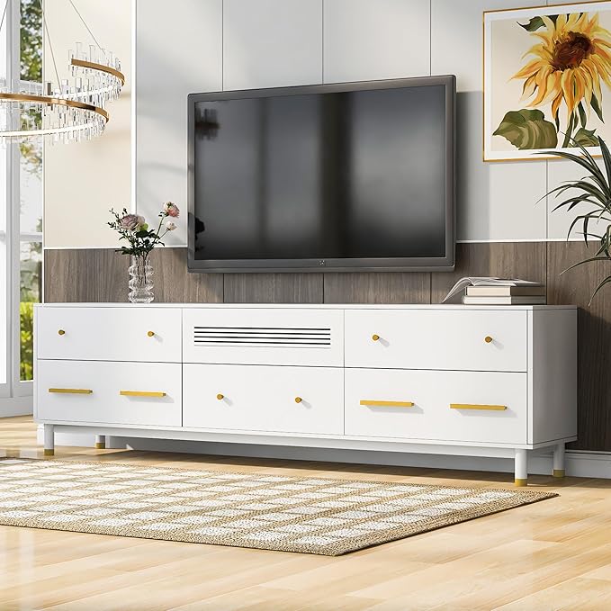 Modern Stand 75+ Inch, Entertainment Center Televisions Media Table with Open Shelf, 5 Drawers with Large Storage Space, TV Consoles Cabinet Furniture for Living Room, White - LeafyLoom