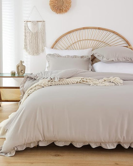 JANZAA King Size Ruffled Comforter Set Soft Vintage Farmhouse Bed Set Shabby Fluffy 3PCS Bedding (1 Oatmeal Comforter Set and 2 Pillowcases) - LeafyLoom