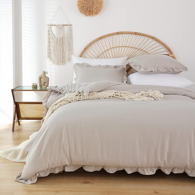 JANZAA King Size Ruffled Comforter Set Soft Vintage Farmhouse Bed Set Shabby Fluffy 3PCS Bedding (1 Oatmeal Comforter Set and 2 Pillowcases) - LeafyLoom