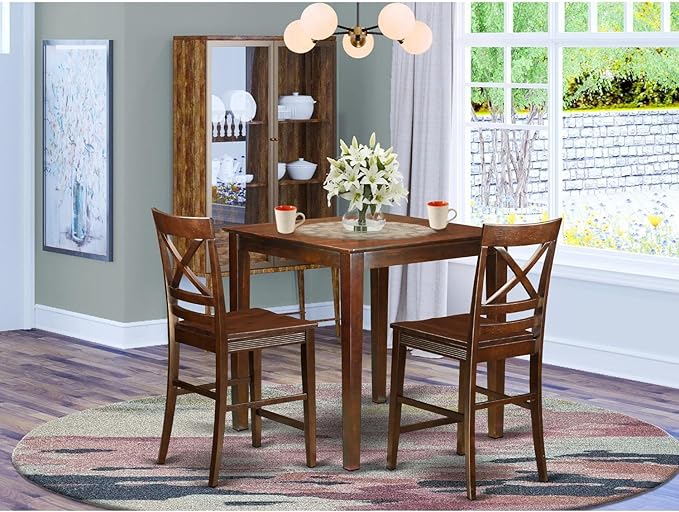 East West Furniture Vernon 3 Piece Counter Height Pub Set for Small Spaces Contains a Square Dining Room Table and 2 Kitchen Chairs, 36x36 Inch, Mahogany - LeafyLoom