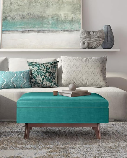 SIMPLIHOME Owen 36 inch Wide Rectangle Small Rectangular Storage Ottoman in Aqua Blue Velvet Fabric, for the Living Room, Family Room and Entryway - LeafyLoom