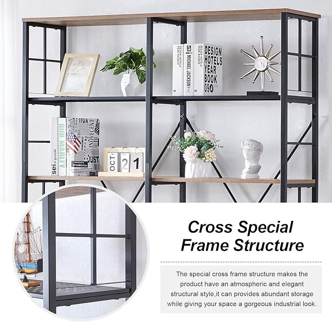 HOMISSUE Double Wide 6-Tier Bookshelf,Industrial Bookcases with Metal Frame,Open Large Storage Bookshelves,Wood Style and Metal Tall Display Shelves for Living Room Office,Brown - LeafyLoom