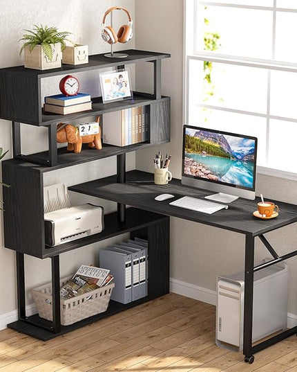 Rotating Computer Desk L-Shaped Office Desk with 5 Shelves Bookcase, Reversible Writing Desk Study Table with Wheels for Home Office, Black - LeafyLoom