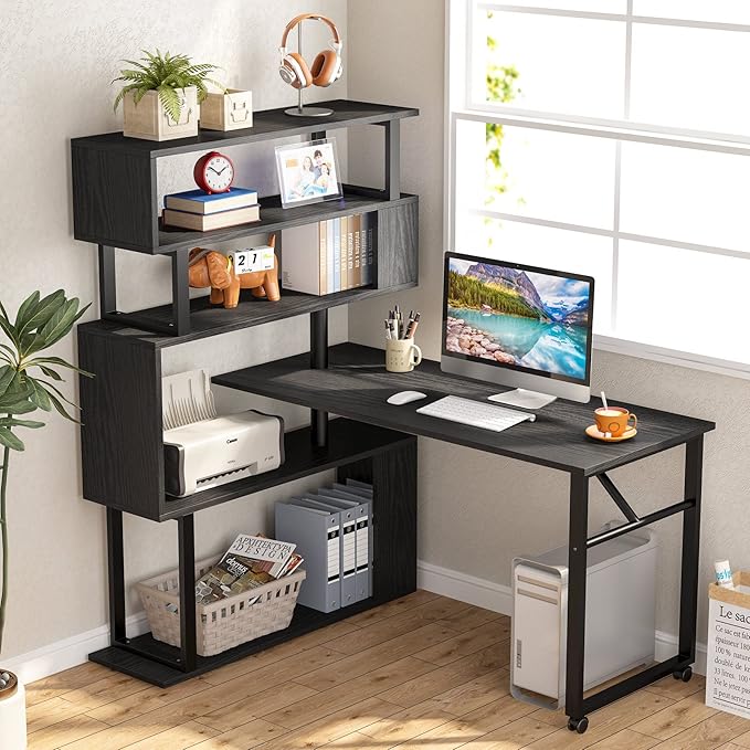Rotating Computer Desk L-Shaped Office Desk with 5 Shelves Bookcase, Reversible Writing Desk Study Table with Wheels for Home Office, Black - LeafyLoom