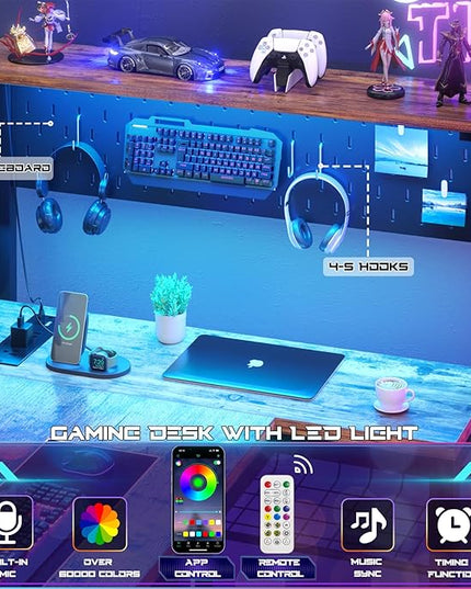 Homieasy Small Gaming Desk with Power Outlets Pegboard LED Light, 51 Inch L Shaped Computer Desk with Monitor Stand Storage Shelves, Reversible Corner Desk with Headset Hooks, Rustic Brown - LeafyLoom
