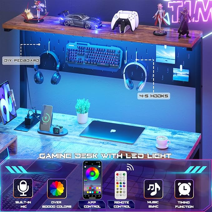 Homieasy Small Gaming Desk with Power Outlets Pegboard LED Light, 51 Inch L Shaped Computer Desk with Monitor Stand Storage Shelves, Reversible Corner Desk with Headset Hooks, Rustic Brown - LeafyLoom