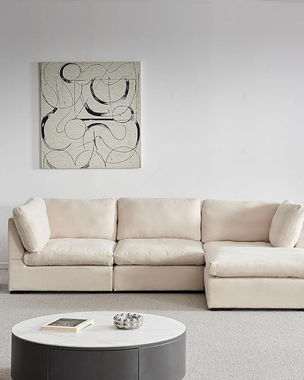 Cloud Modular Sectional Sofa, Comfort 60% Down Filled L Shaped Sleeper Sofa Couch Bed with Movable Ottoman for Living Room, Minimalist Wide Deep Seat Convertible Corner Sofa&Couches for Office - LeafyLoom