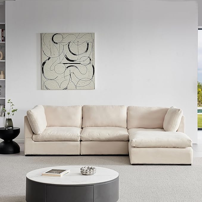Cloud Modular Sectional Sofa, Comfort 60% Down Filled L Shaped Sleeper Sofa Couch Bed with Movable Ottoman for Living Room, Minimalist Wide Deep Seat Convertible Corner Sofa&Couches for Office - LeafyLoom