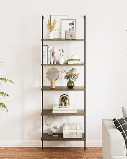5 Tiers Ladder Shelf 2-Piece Black Modern Tall Bookshelf Open Large Tall Wall Mount Storage Bookcase Standing Leaning Wall Shelves Industrial Decorative - LeafyLoom