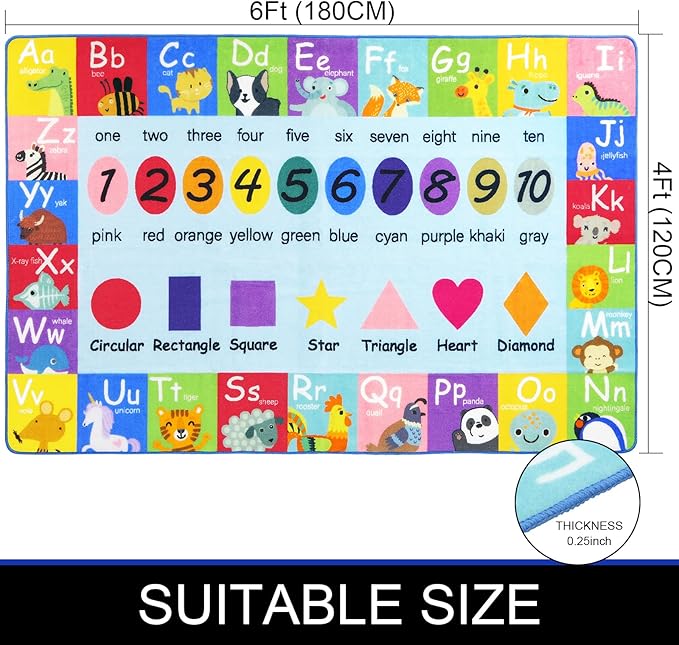HEBE Kids Play Rug 4'x6' ABC Alphabet Numbers Shapes Educational Kid Area Rug Washable Baby Crawling Mat Non Slip Kid Play Mat Carpet for Girl Boy Bedroom Playroom - LeafyLoom