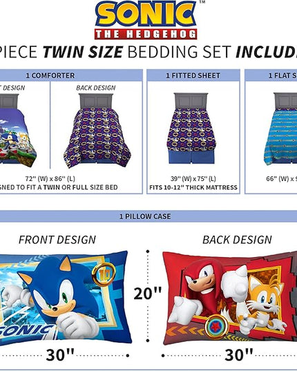 Franco Kids Bedding Super Soft Comforter and Sheet Set, 4 Piece Twin Size, Sonic The Hedgehog, Anime - LeafyLoom