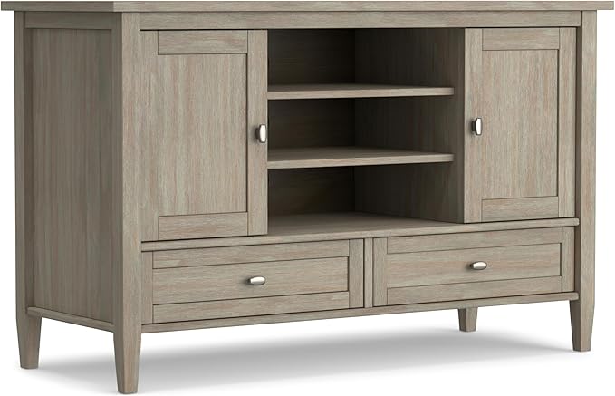 SIMPLIHOME Warm Shaker SOLID WOOD Universal TV Media Stand, 47 inch Wide, Transitional, Living Room Entertainment Center, Storage Cabinet, for Flat Screen TVs up to 55 inches in Distressed Grey - LeafyLoom