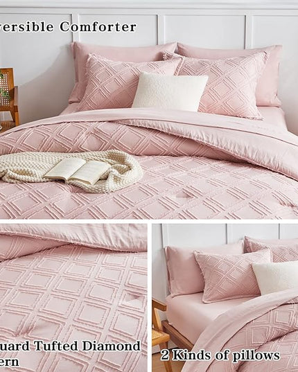 7 Pieces Tufted Bed in a Bag Queen Comforter Set with Sheets Blush, Soft and Embroidery Shabby Chic Boho Bohemian, Luxury Solid Color with Diamond Pattern, Jacquard Tufts Bedding Set for All Season - LeafyLoom