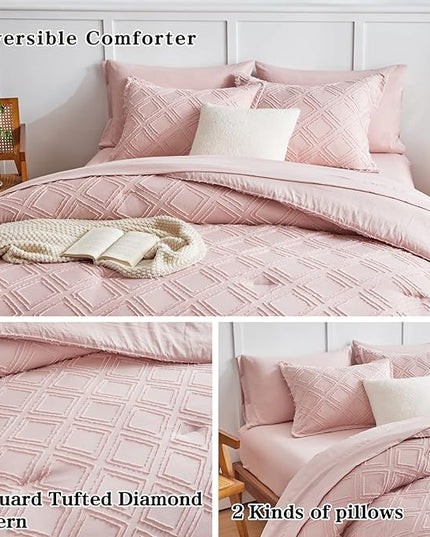 7 Pieces Tufted Bed in a Bag King Comforter Set with Sheets Blush, Soft and Embroidery Shabby Chic Boho Bohemian, Luxury Solid Color with Diamond Pattern, Jacquard Tufts Bedding Set for All Season - LeafyLoom