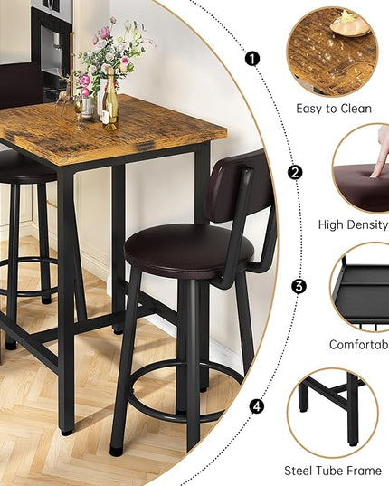 Recaceik 3 Piece Pub Dining Set, Modern bar Table and Stools for 2 Kitchen Counter Height Wood Top Bistro Easy Assemble for Breakfast Nook Living Room Small Space Restaurant, Rustic Brown 24” - LeafyLoom