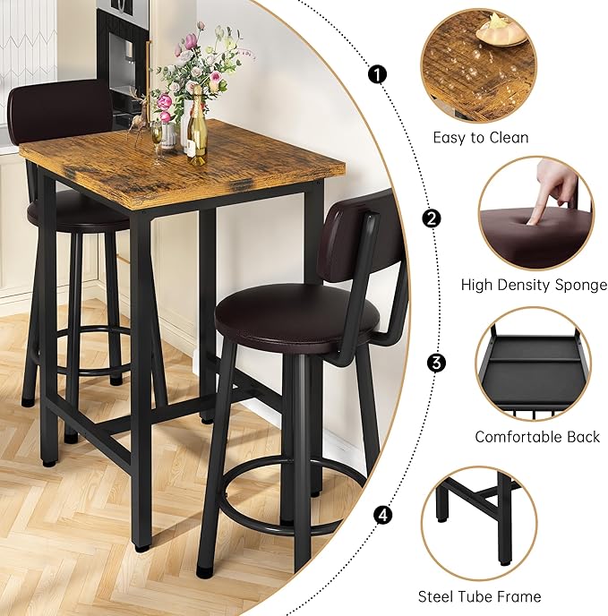 Recaceik 3 Piece Pub Dining Set, Modern bar Table and Stools for 2 Kitchen Counter Height Wood Top Bistro Easy Assemble for Breakfast Nook Living Room Small Space Restaurant, Rustic Brown 24” - LeafyLoom