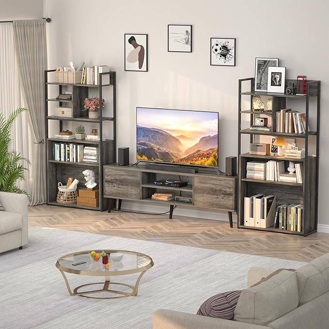 armocity Industrial Bookshelf, 6 Tier Tall Bookshelves Wood Metal Frame Standing Bookcase, Display Book Shelf with Adjustable Storage Shelves for Home Office, Living Room, Bed Room, Grey Oak - LeafyLoom